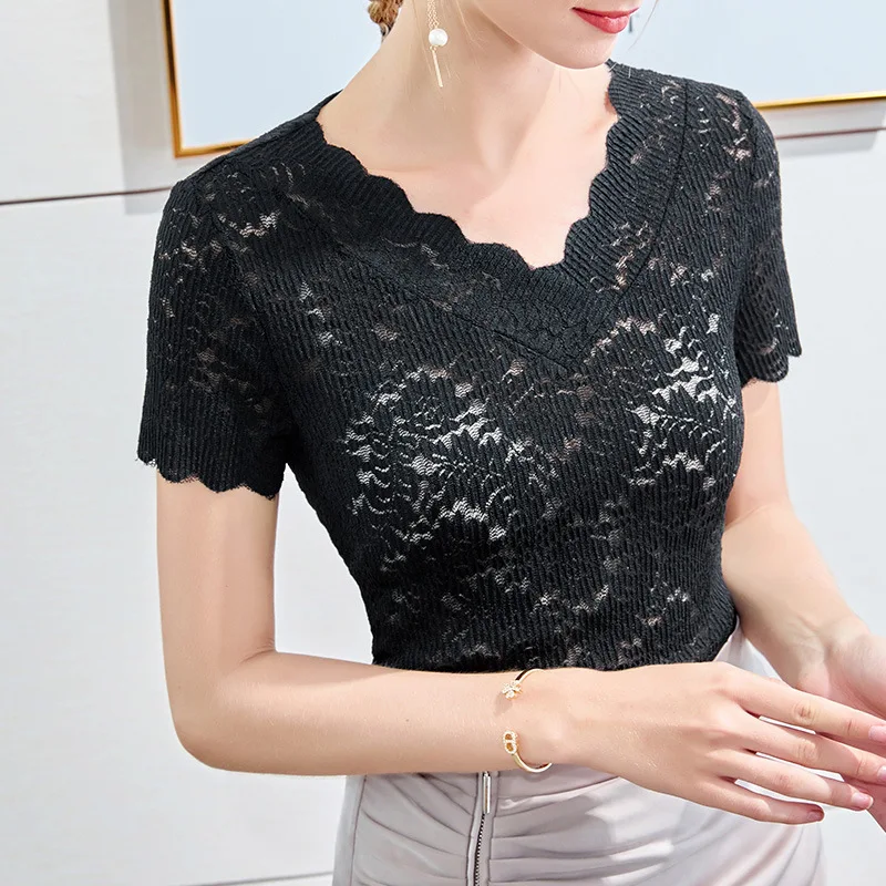 

Wavy edge v-neck lace short-sleeved female foreign small shirt hollow t-shirt 2020 summer new women's lace top