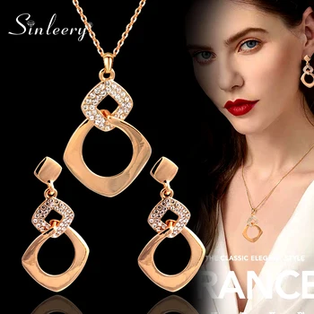 

SINLEERY Sparkling Rhinestone Wedding Jewelry Sets Silver Color Hollow Geometric Earring Necklace Set For Women TZ235 SSI