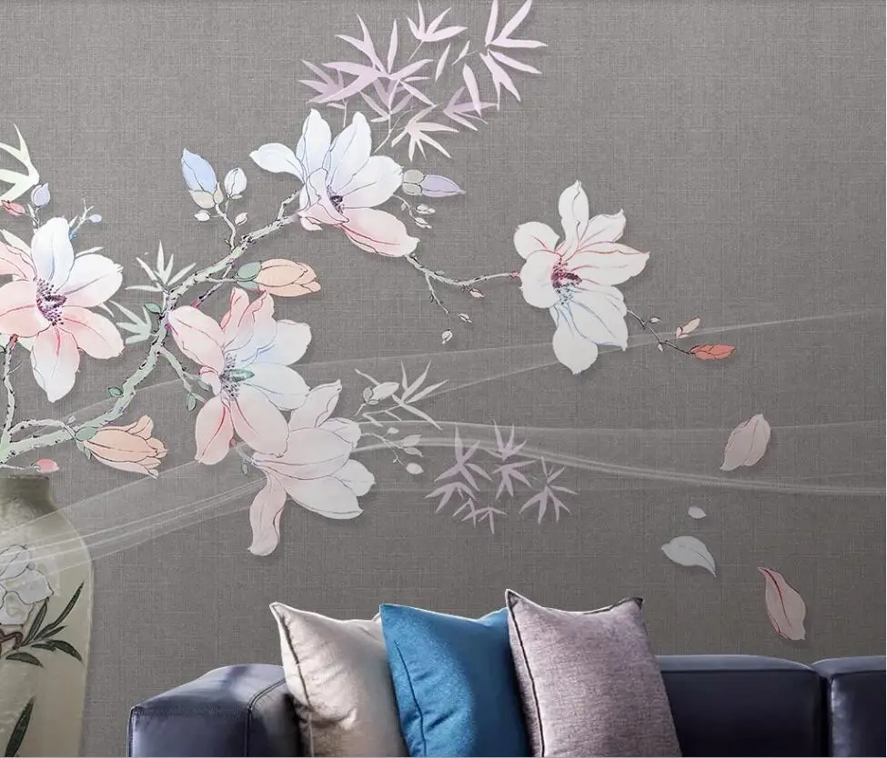 Пользовательские обои китайский стиль ручная роспись Магнолия ваза с бабочкой фоновая стена Высококачественный водонепроницаемый материал