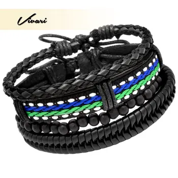 

Vivari Adjustable Men's Black Vintage Multilayer Leather with Bead Bracelet Handmade Wristband Black Rope Fashion Accessories