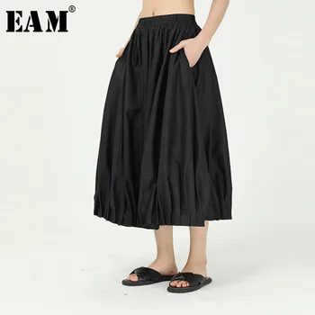 

[EAM] High Elastic Waist Black Brief Pleated Temperament Half-body Skirt Women Fashion Tide New Spring Summer 2020 1W087