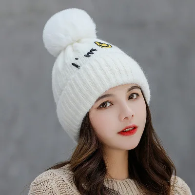 YOYOCORN Korean version of autumn and winter wool hat outdoor plus velvet thick warm hat letter ladies ear ear ball knit cap - Color: White