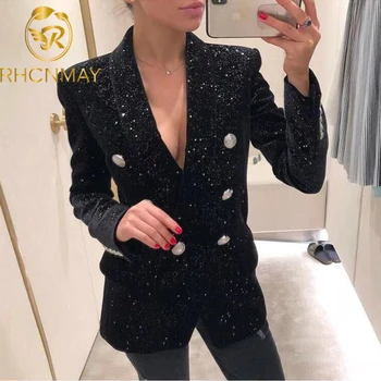 

New Women Velvet Slim Fashion Stars Speckled Blazers Jacket Double Breasted Stage Show Coat Black Glitter Party Outwear Blazer