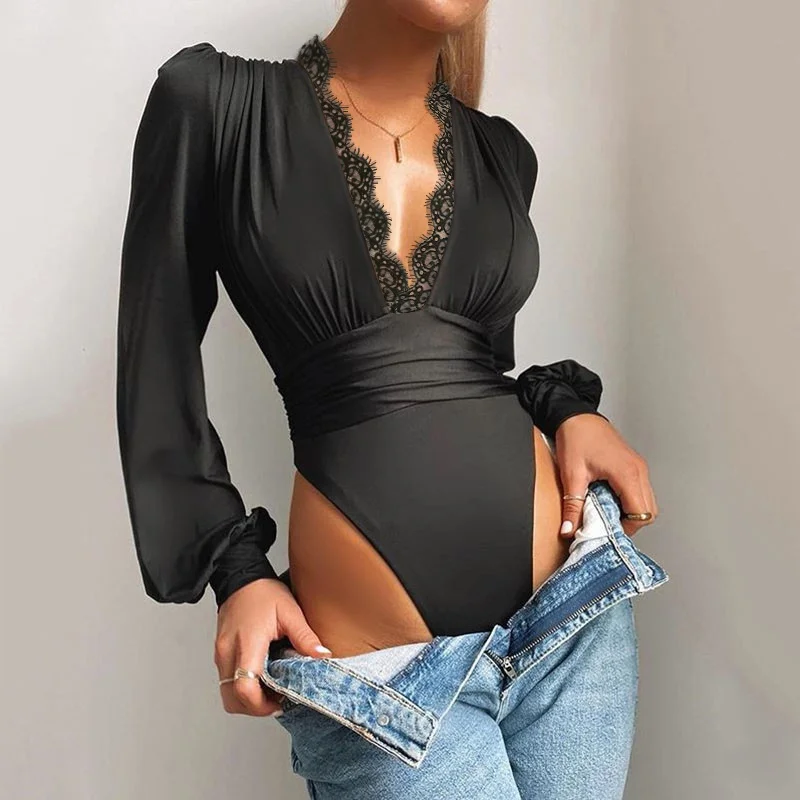 Body Sexy de encaje con mangas abombadas para mujer, blusa roja lisa con cuello en V, Top transparente negro, traje de una pieza de retazos para invierno 2021