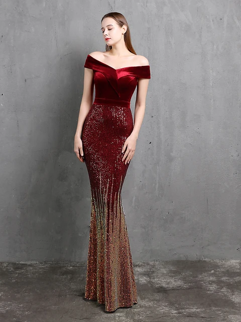 XUCTHHC Slash Neck Full Evening Dress Elegant Velour Patchwork Sequins Slim Party Dress Mermaid Formal Gowns Women Dress Long 3