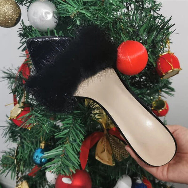 Women Peep Toe Mules Artificial Fur Slip On Gold White Thin High Sandals Big Size Summer Heels