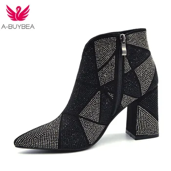 

2020 New Fashion Bling Crystal Rhinestones Women Boots Square Heels Shoes Sexy Pointed Booties Thick Heel Night Club Party Boots