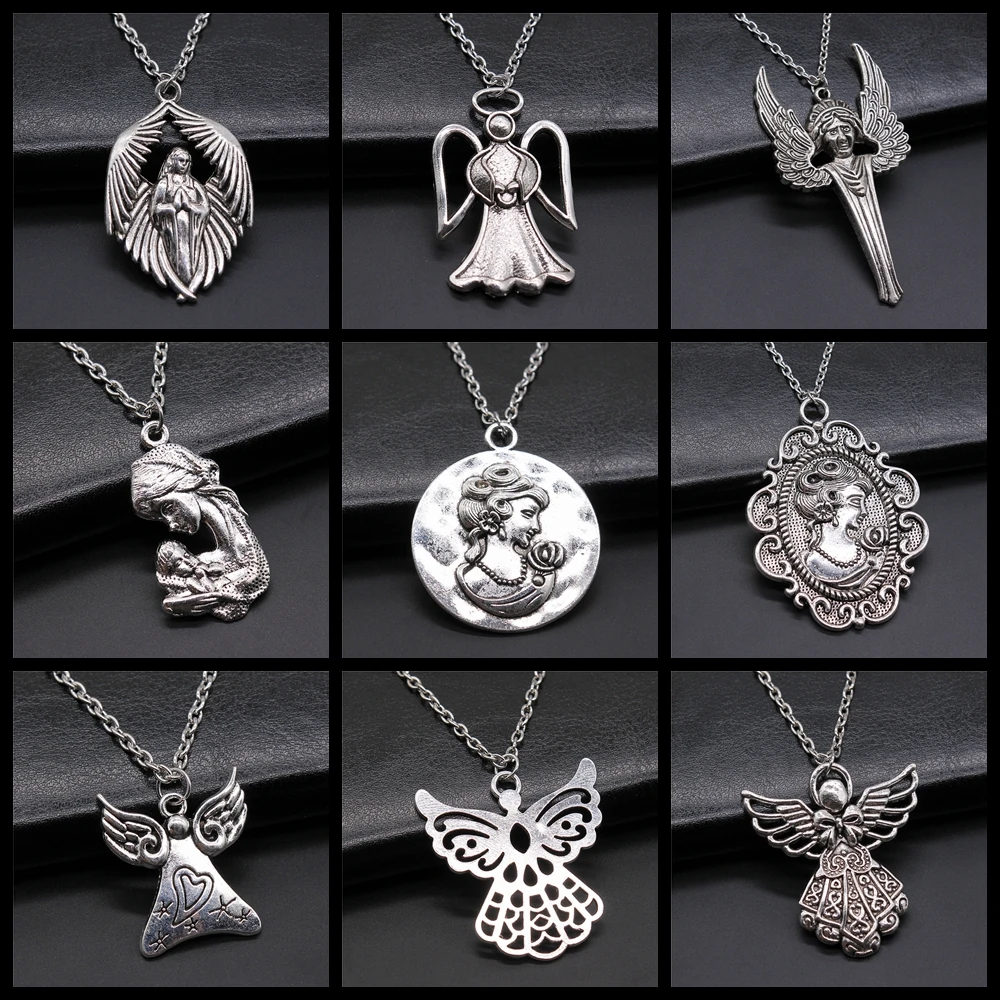 Винтаж простой античный серебряный цвет ангел кулон ожерелье Ангел Хранитель