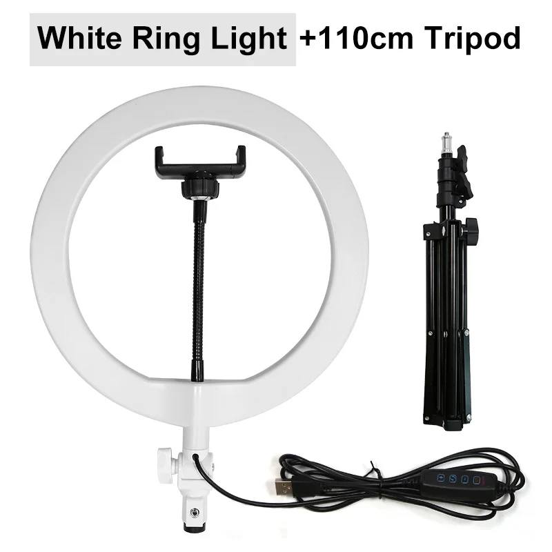White(110 tripod) Светодиодный кольцевой светильник для селфи с регулируемой яркостью для фотосъемки, для макияжа, видео в реальном времени, 26 см, кольцевая лампа для фотостудии с держателем для штатива для мобильного телефона - Цвет: White(110 tripod)