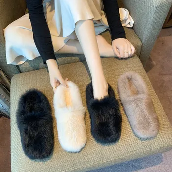 

Half slippers plush women's outer wear 2020 autumn and winter new flat home plush Baotou large size women's shoes