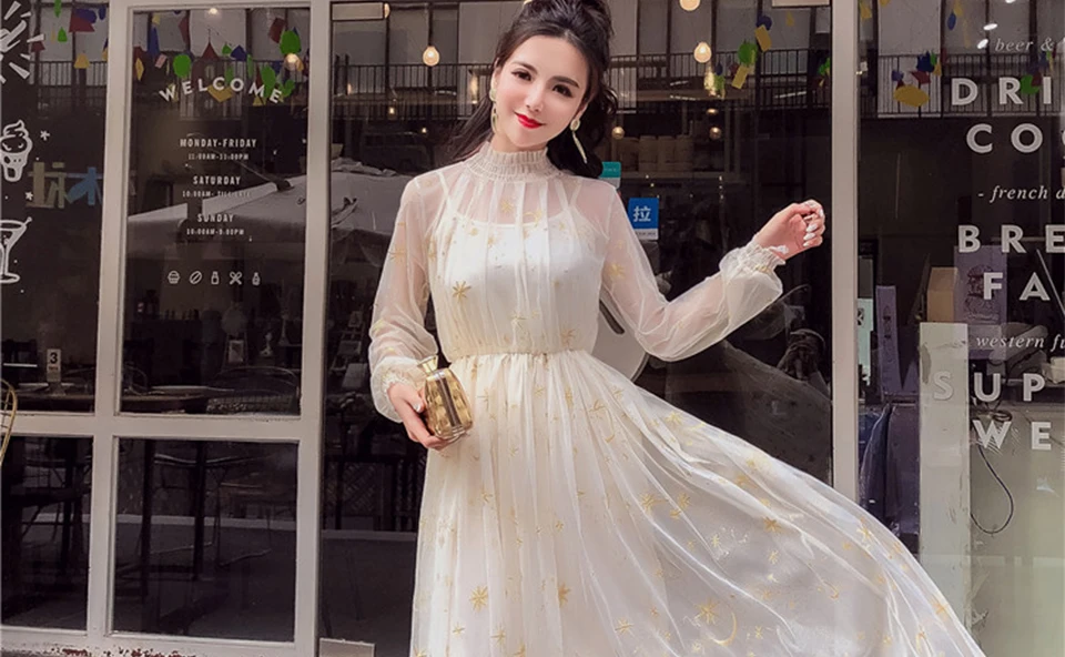 starry layered tulle long dress