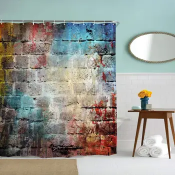 

72 x 78 inches Shower Curtain Brick Wall Colorful Doodles Red Teal Blue Brown Water Soap Resistant Machine Washable Fabric