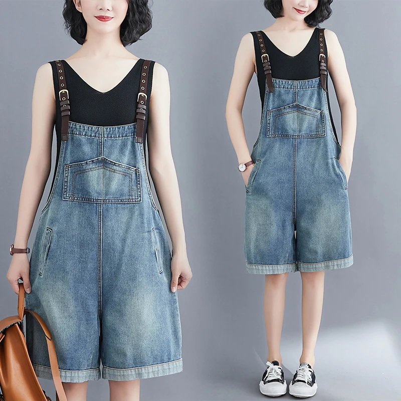 Pantalones cortos de mezclilla para mujer, mono holgado de pierna ancha con tirantes de talla grande, estilo coreano, novedad de verano 2020