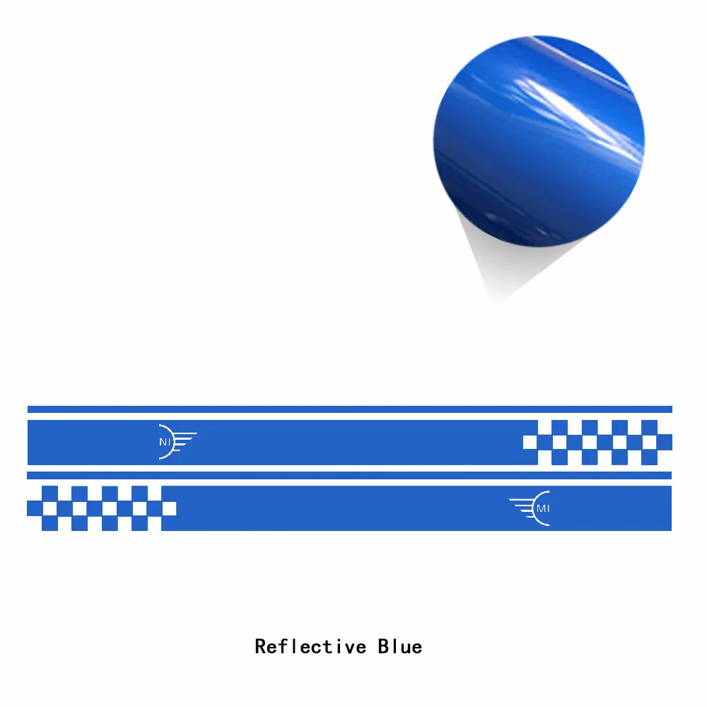 reflective blue 2 шт., автомобильный стиль, мини логотип, автомобильная дверь, боковая полоска, юбка, наклейка на тело, графическая наклейка для MINI Cooper S R50 R52 R53 JCW, аксессуары - Название цвета: reflective blue