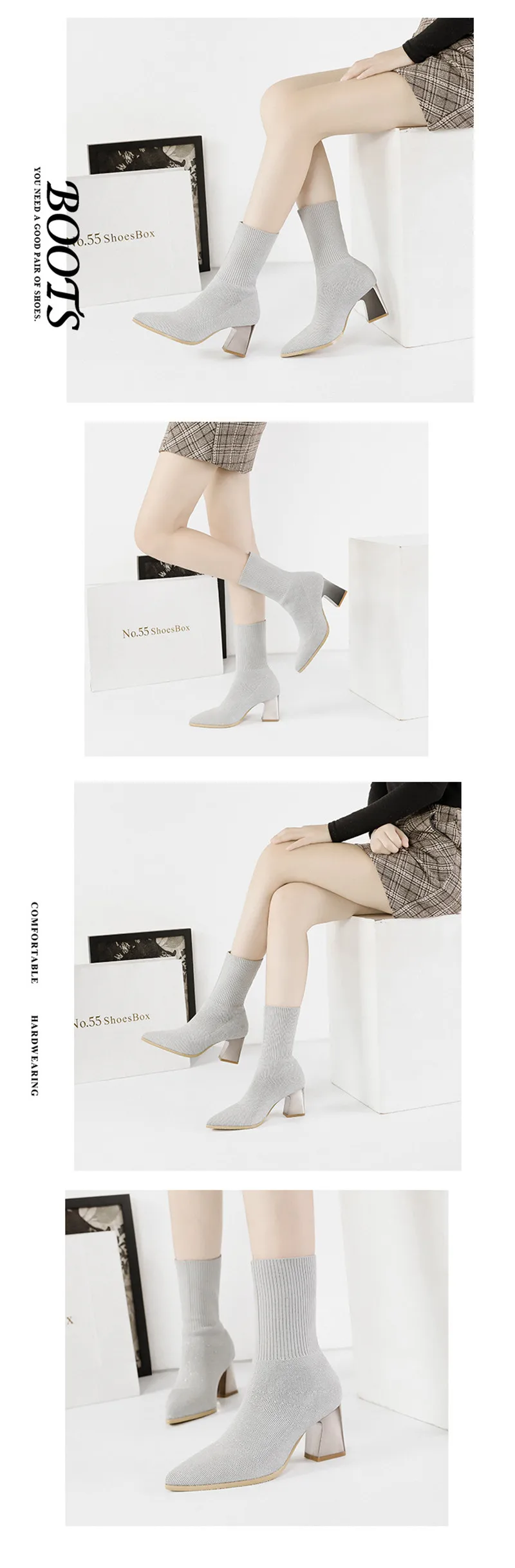 Sexy Pointed Toe Ankle Sock Boots For Woman Knit Elastic  Female Western Boots Thick High Heels French Women's Boots Socks Shoes (8)