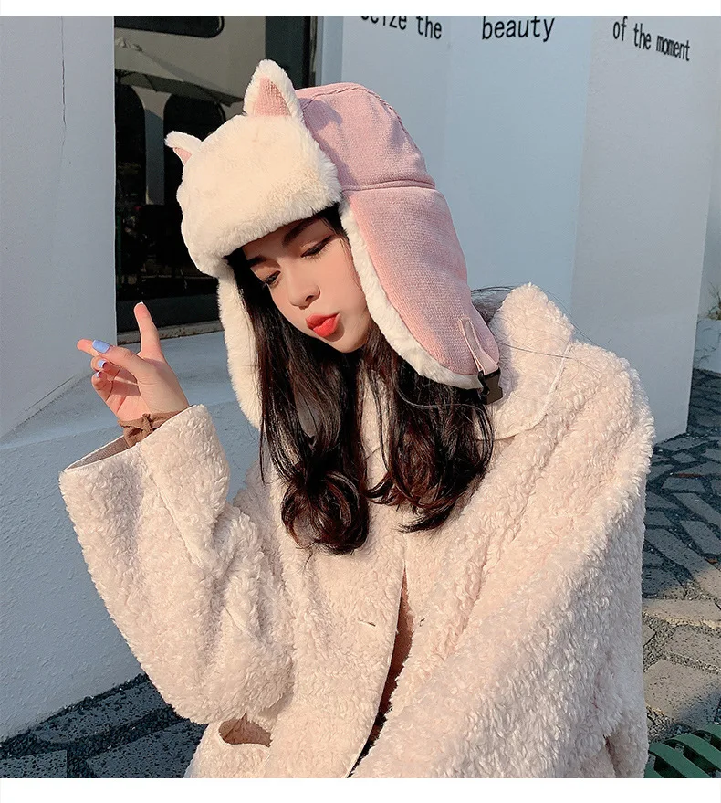 white camo bomber hat Cat Ears Bomber Hat Female Adult Korean Lovely Autumn Girl Winter Riding Windproof Baby Coldproof Cotton Children Lei Feng Hat best men's bomber hats