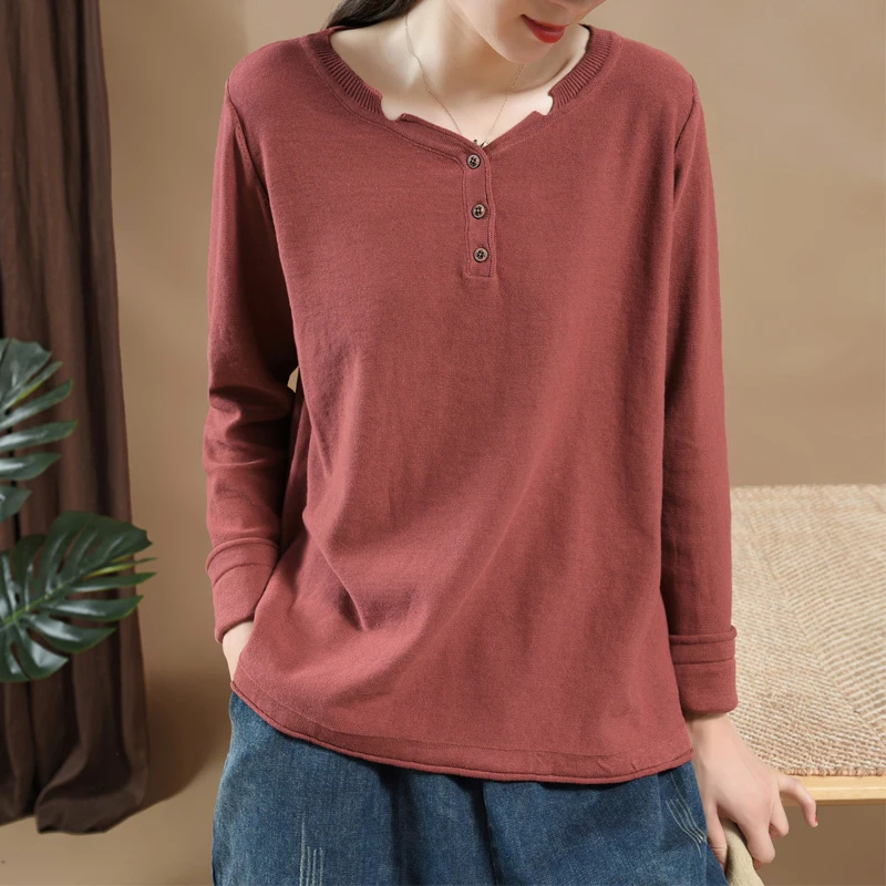 

Autumn T-shirt Women Retro Knitting Pullovers 2019 New Ladies Tops V-Neck Button Long-sleeved Casual Loose T-shirt Mori girl