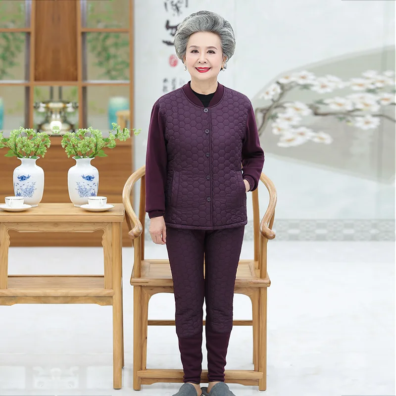 

Elderly Autumn And Winter-Women's Thermal Underwear Grandma-Cardigan Old Man Clothes Silk Floss Household Autumn And Winter Base