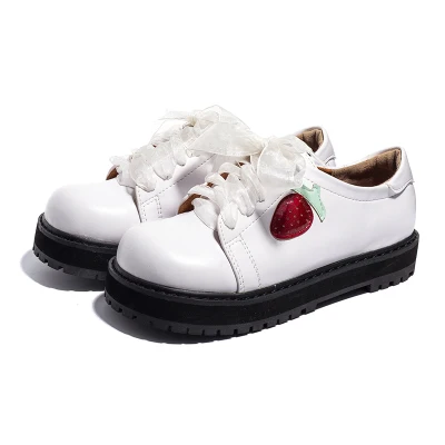 Японские милые туфли с ремешками, туфли в стиле «Лолита» в винтажном стиле; с милым клубничным принтом, кружевное платье принцессы, обувь Kawaii круглый носок обувь на толстом каблуке Женская обувь лоли для костюмированной вечеринки - Цвет: Белый