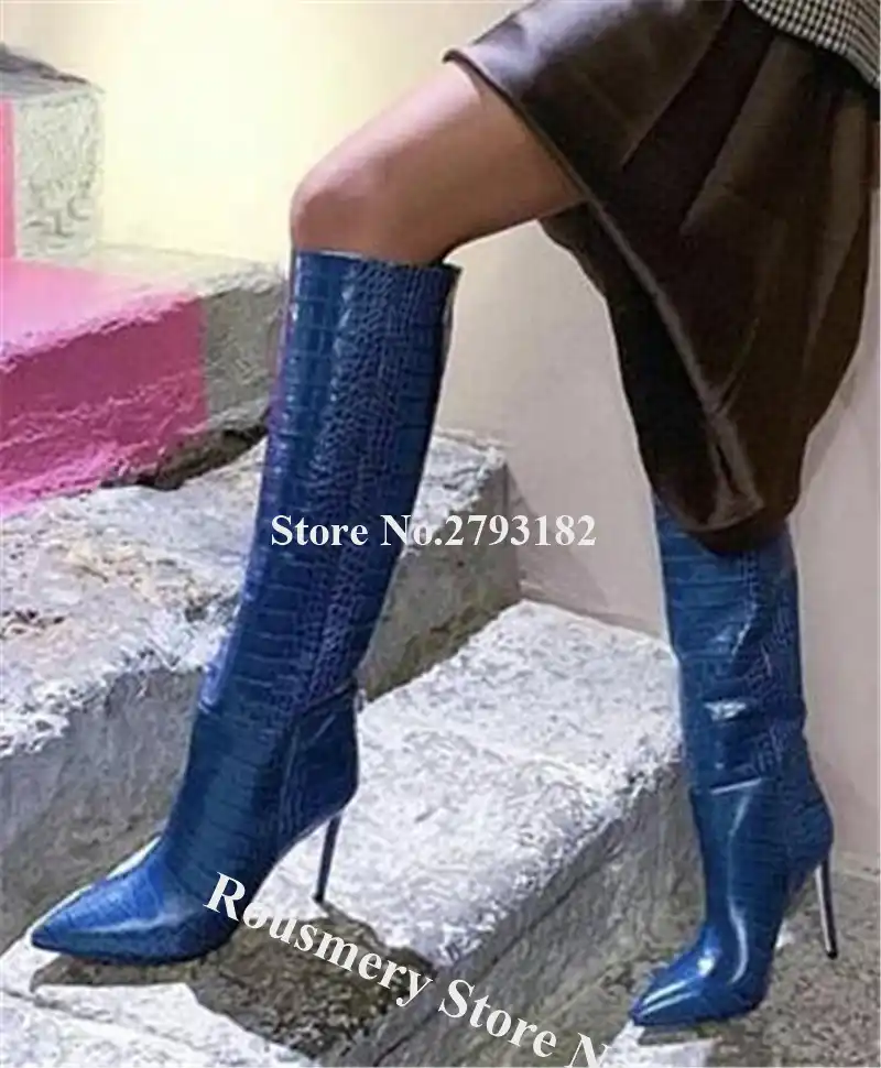 blue leather knee high boots