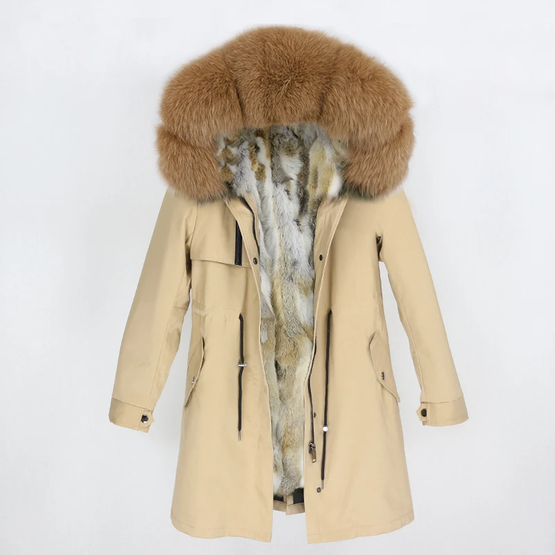 beige camel OFTBUY натуральный Лисий мех воротник парка с капюшоном зимняя куртка женская натуральный кроличий мех внутри Толстая теплая верхняя одежда Уличная Роскошная - Цвет: beige camel