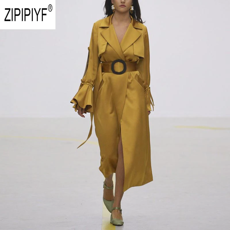 

Elegant Luxury Style 2019 Autumn Women Trenches Hollow Out Long Flare Sleeve Turn Down Neck Long Coats Elegant Office Coat Z2492