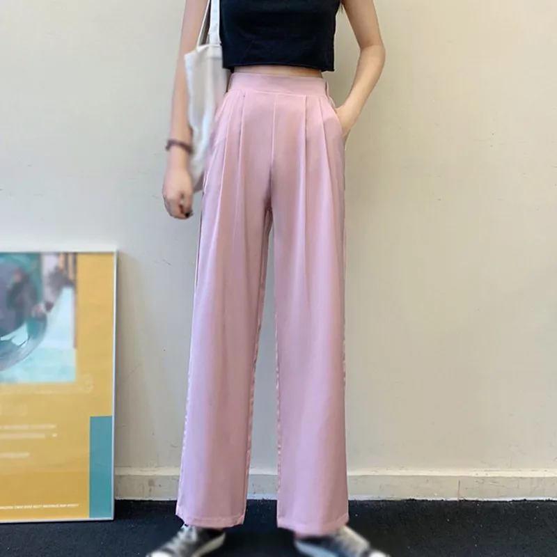 

ETOSELL Summer Elastic High Waist Solid Pants Women Casual College Style Loose Wide Leg Comfortable Loose Pants 2020