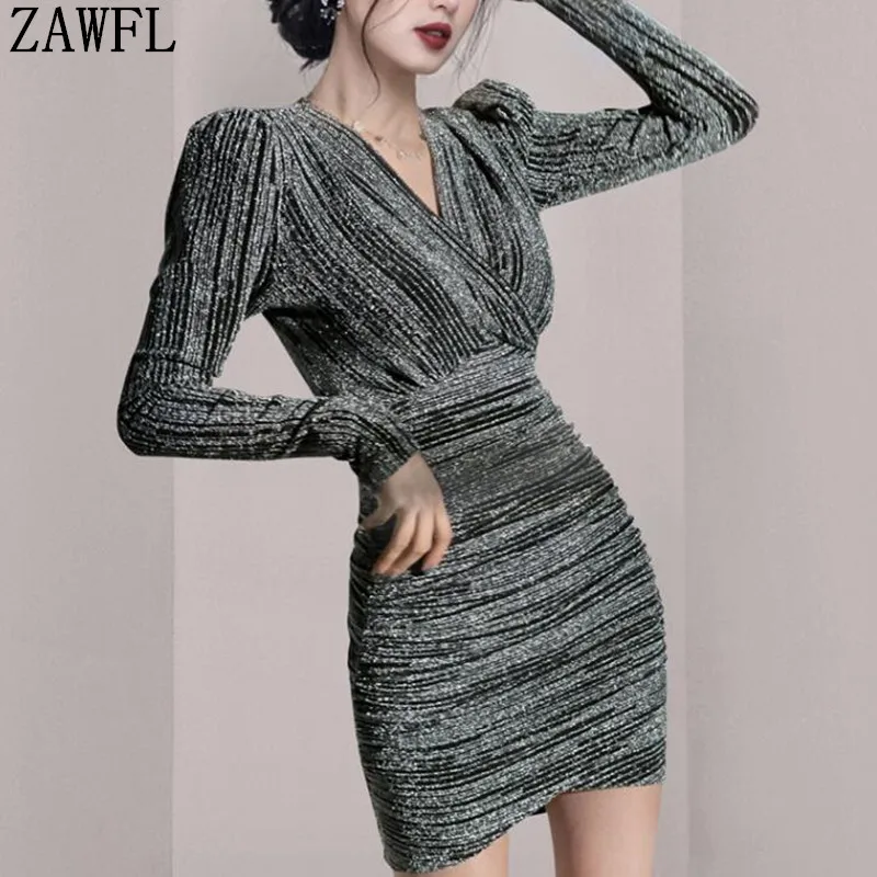 

ZAWFL Casual V-neck Long Sleeve Patchwork Sheath Dress Women 2022 Spring Summer OL Style Split Female Midi Dress Vestidos