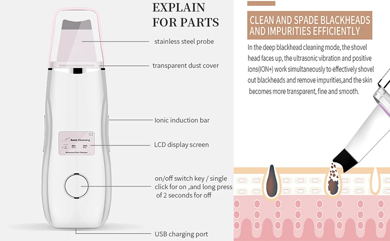 EMS ультразвуковая щетка для кожи глубокий аппарат для чистки лица пилинг Лопата для лица очиститель пор машина для чистки кожи