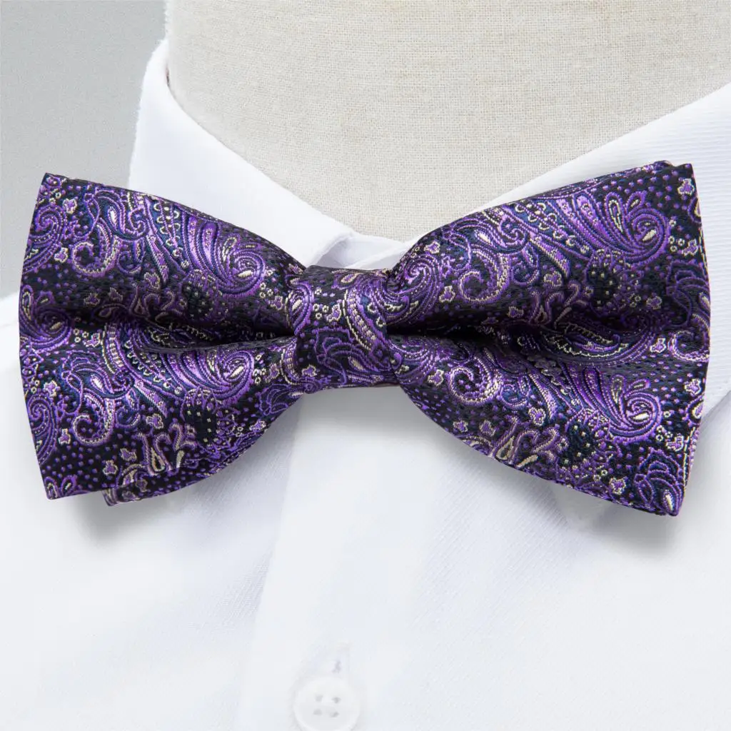 Фиолетовый Шелковый галстук бабочка с пейсли Регулируемая формальная запонка