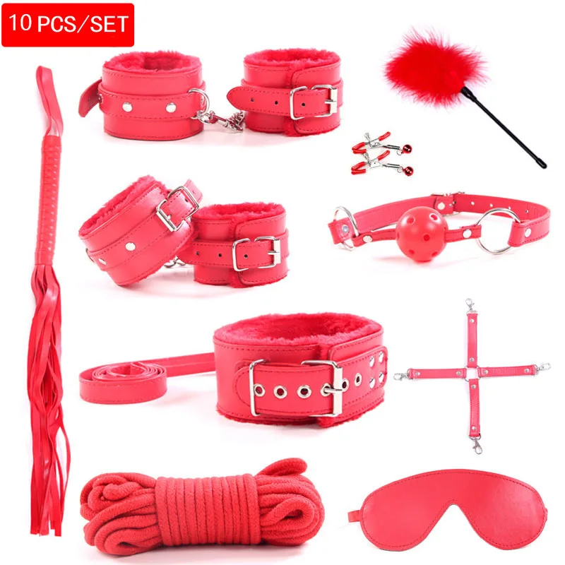 QX-Red-10pcs 10 шт./компл. наручники полицейские принадлежности для косплея игрушки для набора наручники зажимы для сосков кляп кнут секс-игрушки для пар сексуальная маска - Цвет: QX-Red-10pcs