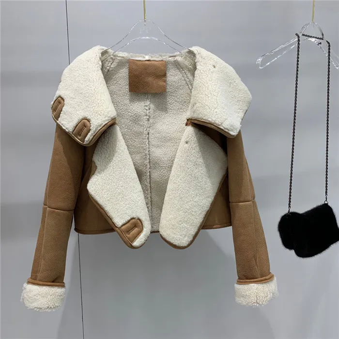 short design Брендовый дизайн, двусторонняя меховая кожаная куртка, пальто, повседневное свободное Женское пальто из натурального меха ягненка, пальто с капюшоном - Цвет: short design