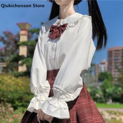 Camisa de manga comprida para meninas, camisa branca para adolescentes primavera outono estilo japonês estilo preppy kawaii frassados gola peito blusa de lolita