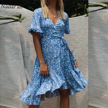 

Nadafair Short Sleeve Blue Women Floral Summer Dress V Neck Lace Up Ruffles Beach Midi Boho Dresses