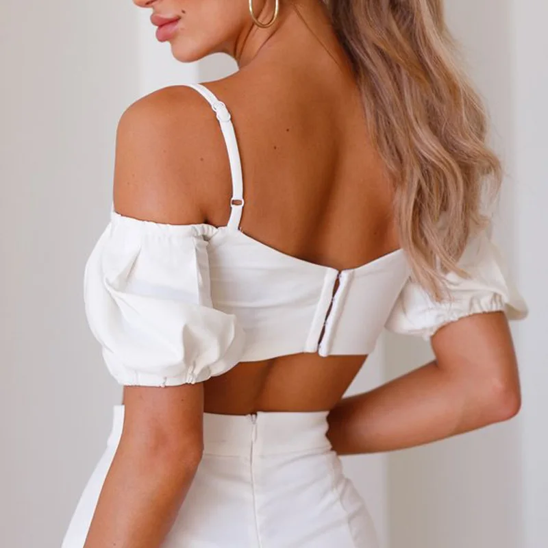 V Collar with Short Sleeve Chiffon Sling Vest Halter Bow Blouse Puff Sleeve Women's Wear Summer Belly Corp Tank Top Fashion Vest