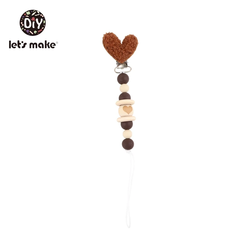 heart brown Let's Make/1 шт., цепочка для детских сосок из овечьей шерсти, сердце, звезда, держатель для соски, деревянные бусины, персонализированная цепочка для детских зубов, подарок для соски - Цвет: heart brown