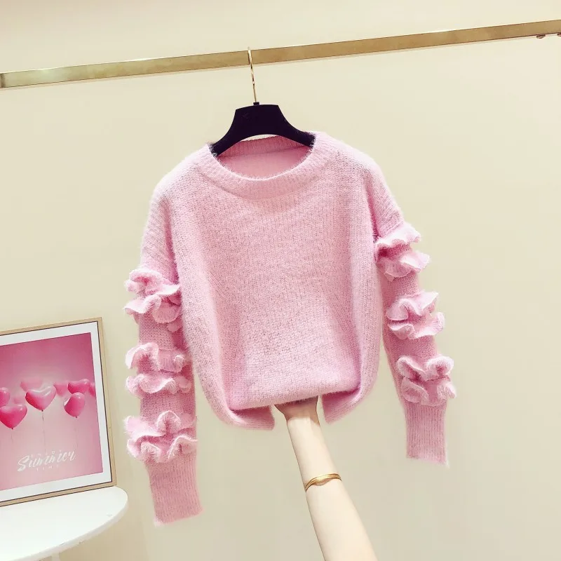 

2020 Spring Autumn Sweet Frilled Panel Long-Sleeve Round-Neck Pullover Sweater Women's Casual Knit Top Ruffles Sweater Jumper
