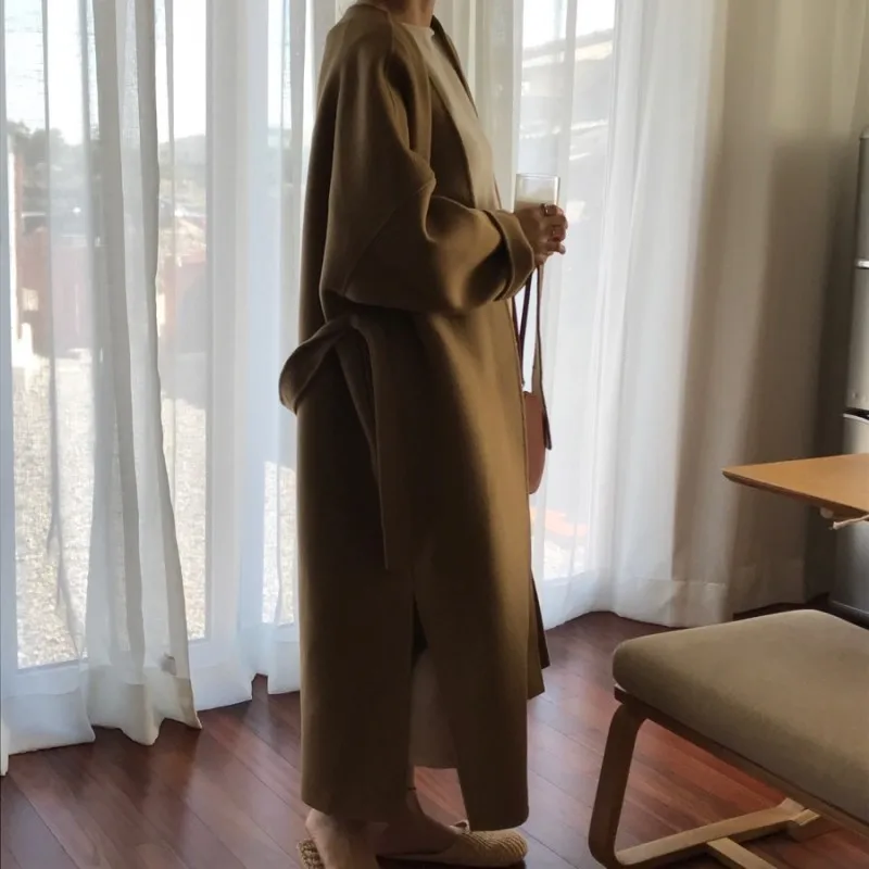 INS ren qi kuan, шерстяное пальто свободного кроя со шнуровкой, 2 цвета, Южная Корея