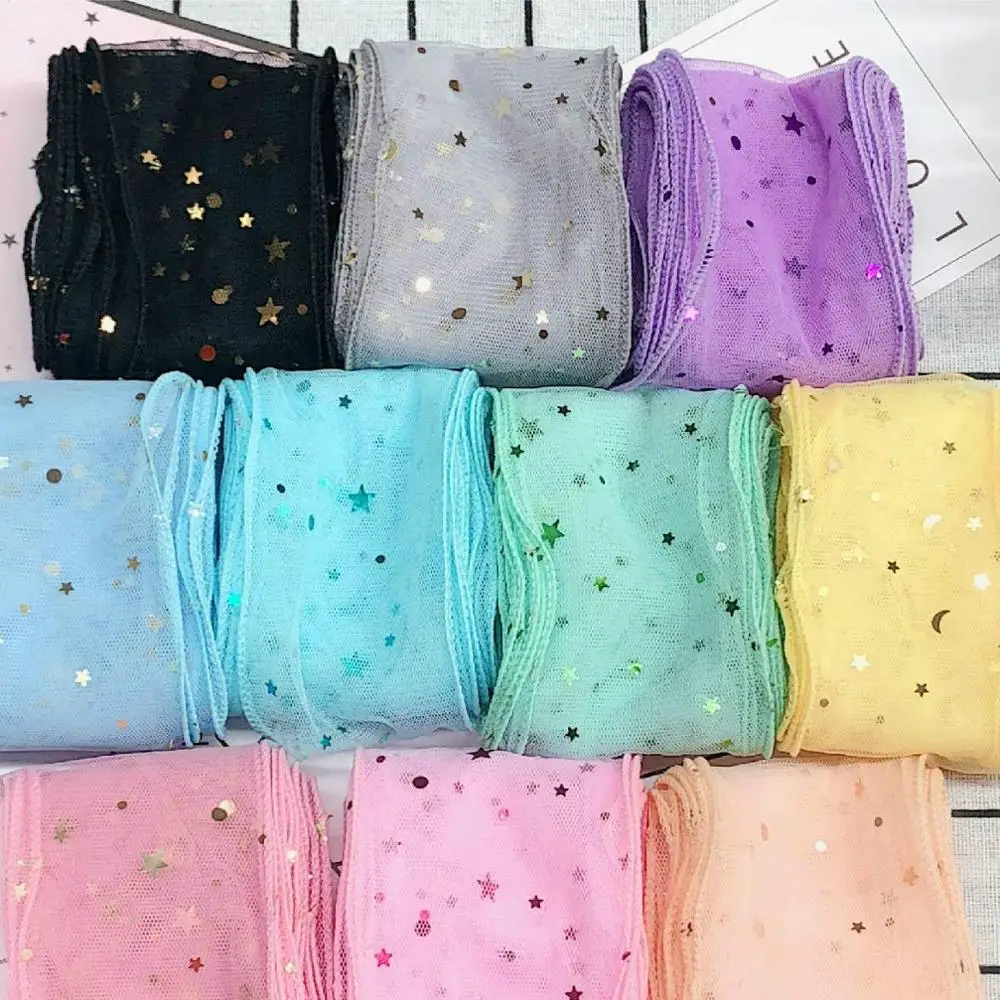 

10yards Per Roll Star Moon Rainbow Color Mesh Fabric With Edge For Hat DIY Girls Hair Bow Accessories Wedding Rose Bouquet Tie