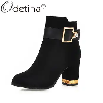 

Odetina Women Fashion Faux Suede Side Zipper Round Toe Short Boots Ladies Buckle Strap String Bead Block High Heel Ankle Boots