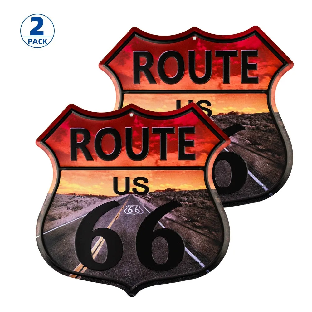 

2-Pack Route 66 Vintage Metal Sign with Highway Road – Distressed Reproduction of The Old U.S. Rt. 66 Shield