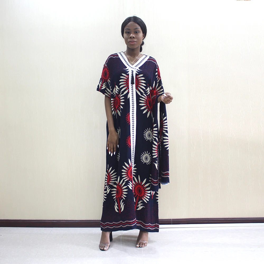 Dashikiage Новое поступление модные африканские Дашики цветочный принт черный Чистый хлопок Аппликации Элегантные африканские женские платья