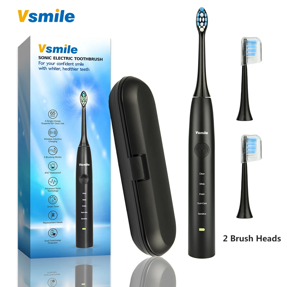 Vsmile Ультразвуковая электрическая зубная щетка для Зубная щётка 2200 мАч аккумулятор 80 дней на одной зарядке время работы 5 режимов 2 насадки для зубной щетки с Путешествия Чехол Smart Зубная щётка - Цвет: Classic Black