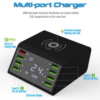 

Digital Display 8-USB Ports Mobile Phone Smart Charger QC3.0 Wireless Fast Charging UA/EU/UK Plug Smart Phone Charger
