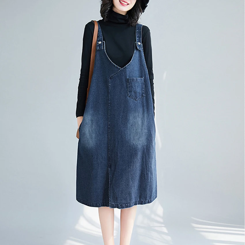 

Summer Washed Vintage Denim Sundress Women Sleeveless Casual Suspenders Dresses Female Overalls Jeans Dress Vestidos