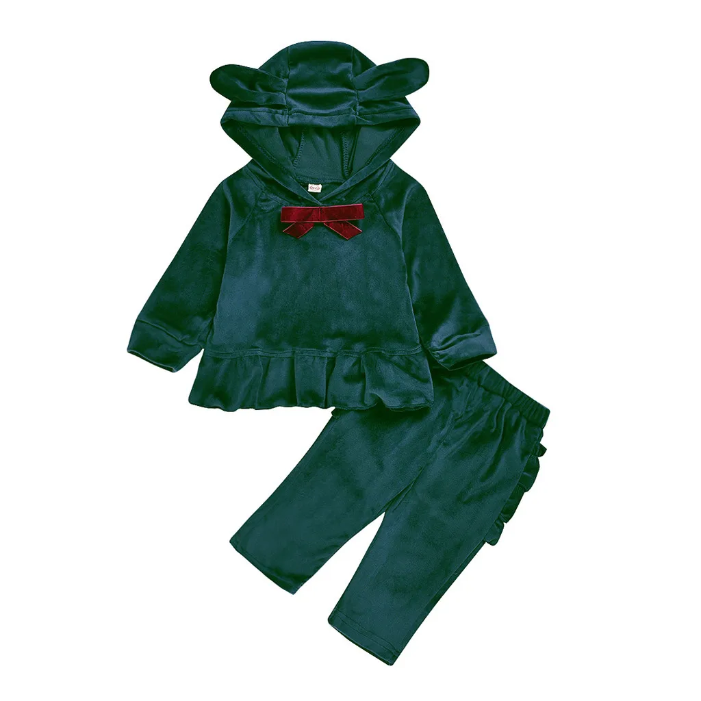 Long Sleeve Bow Ruffles Hooded Sweatshirt Tops Newborn Baby Girl Clothes Winter Cotton Plush Pants Toddler Girls Clothing Sets