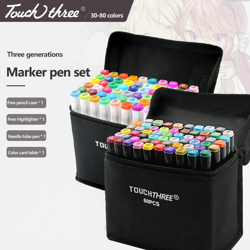 

TouchTHREE 30/40/60/80 Color Markers Manga Drawing Markers Pen Alcohol Based Sketch Felt-Tip Oily Twin Brush Pen Art Supplies