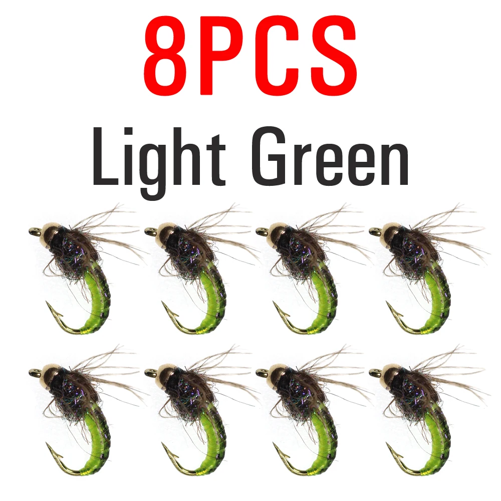 8pcs Light Green ICERIO 8 шт.#12 латунная бусина голова быстро Тонущая Nymph Scud Жук червь мухи форель нахлыстом приманка для рыбалки - Цвет: 8pcs Light Green