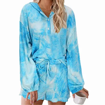 

2020 The New Tie-dye pajamas V-neck Women's home apparel Suit comfortable and breathable Hooded top Long Sleeve Thin section