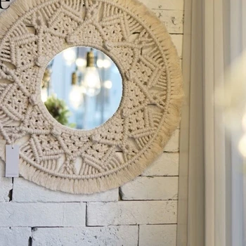 

Handmade Bohemia Macrame Makeup Hanging Wall Mirror Tapestry Fringe Home Decoration